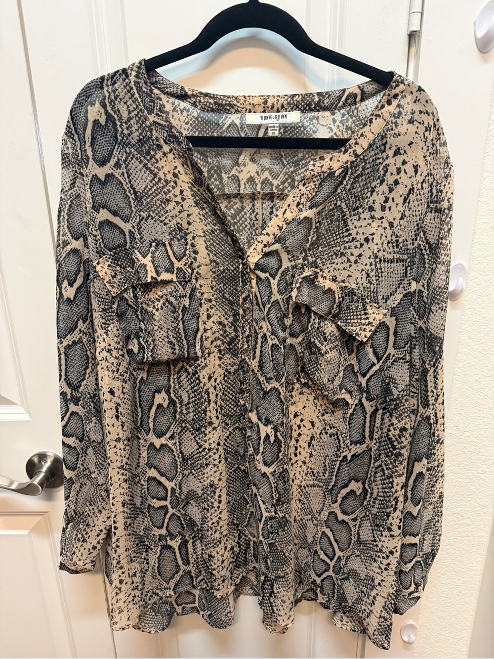 Daniel Rainn Snake-Print Button-Down Blouse in Beige and Black